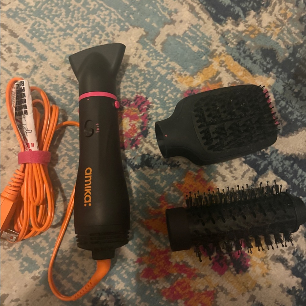 amika Travel Hot Air Brush Dryer in Black with Pink and Orange Accents